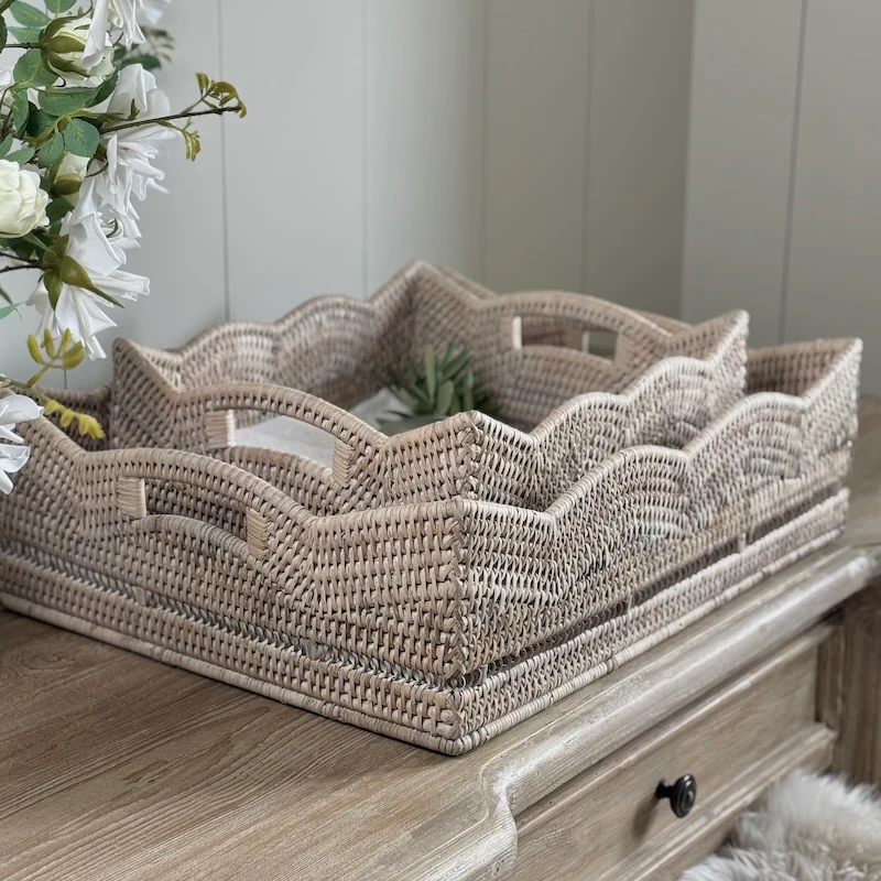 Rattan Scallop Rectangle Basket Tray Whitewash - Image 8