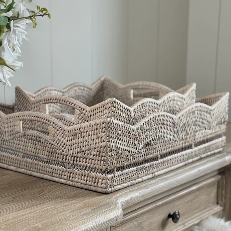 Rattan Scallop Rectangle Basket Tray Whitewash - Image 9