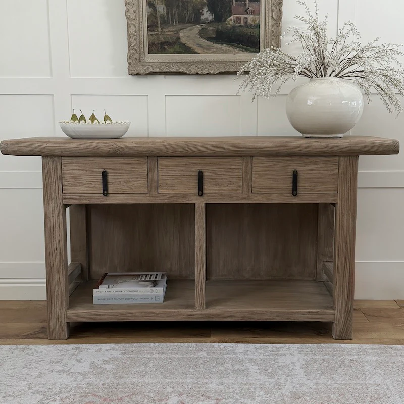 Reclaimed Elm 3 Drawer Solid Back Farmhouse Country Console Table Dark - 160cm - Image 4