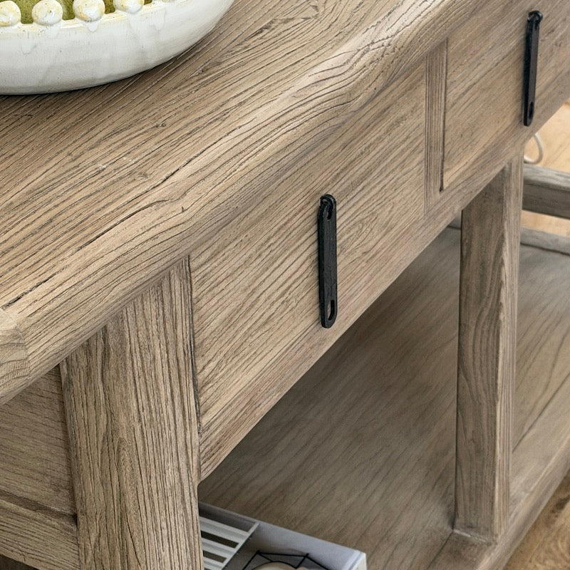 Reclaimed Elm 3 Drawer Solid Back Farmhouse Country Console Table Dark - 160cm - Image 6