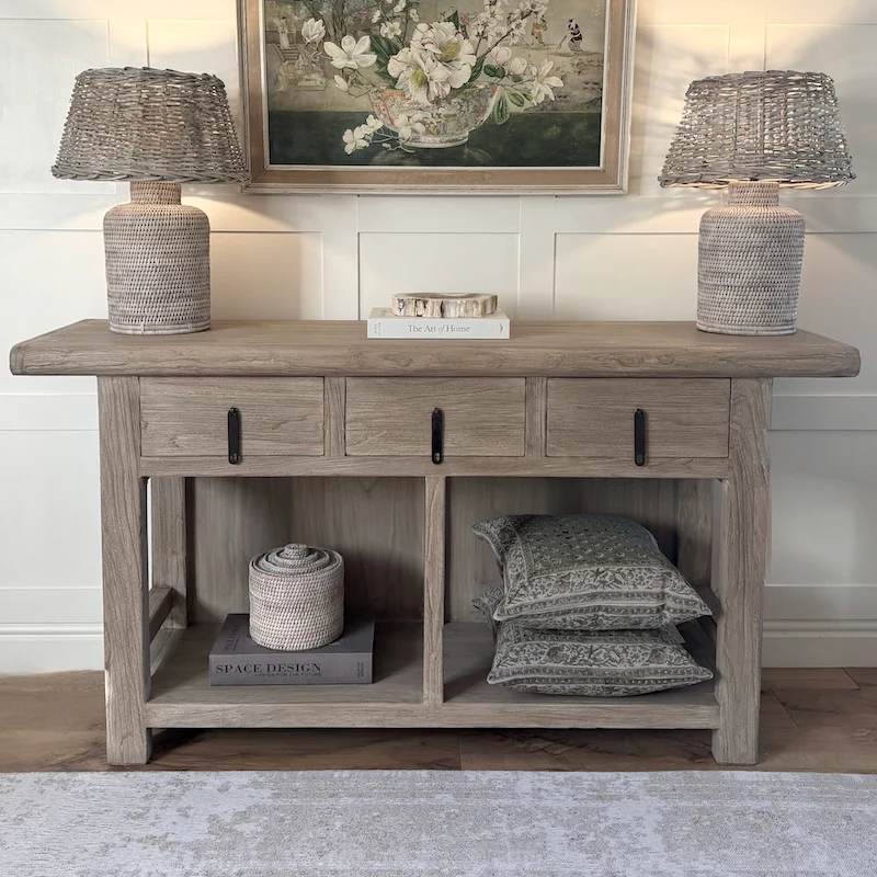 Reclaimed Elm 3 Drawer Solid Back Farmhouse Country Console Table Driftstone - 160cm