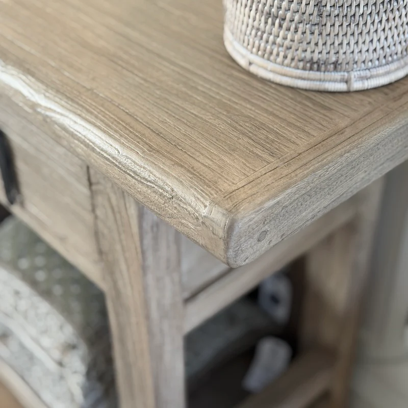 Reclaimed Elm 3 Drawer Solid Back Farmhouse Country Console Table Driftstone - 160cm - Image 10