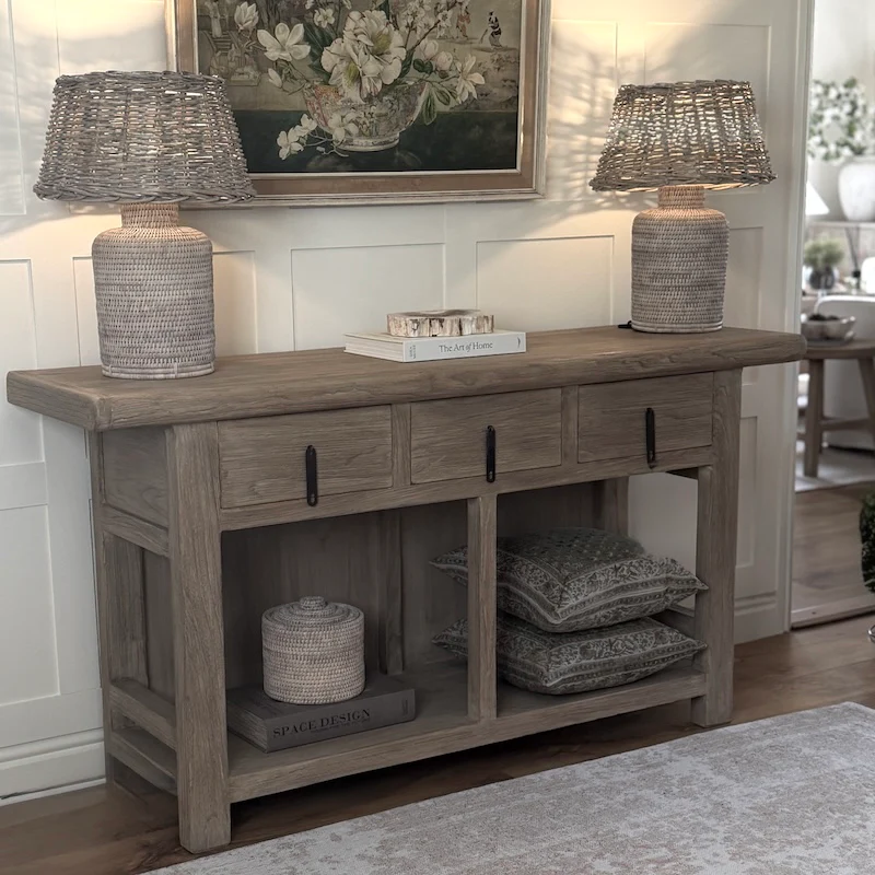 Reclaimed Elm 3 Drawer Solid Back Farmhouse Country Console Table Driftstone - 160cm - Image 11