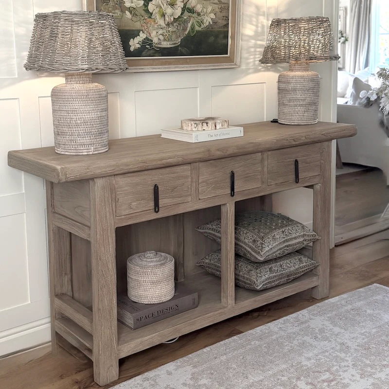 Reclaimed Elm 3 Drawer Solid Back Farmhouse Country Console Table Driftstone - 160cm - Image 2