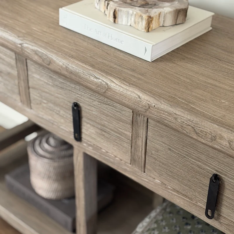 Reclaimed Elm 3 Drawer Solid Back Farmhouse Country Console Table Driftstone - 160cm - Image 3
