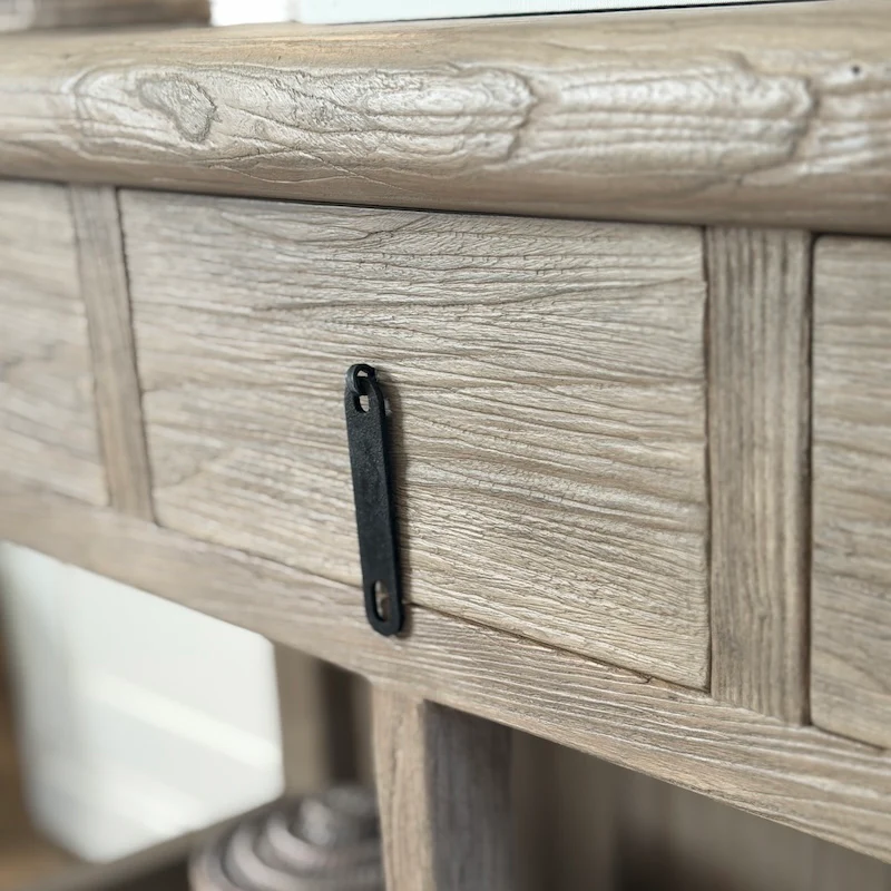 Reclaimed Elm 3 Drawer Solid Back Farmhouse Country Console Table Driftstone - 160cm - Image 4