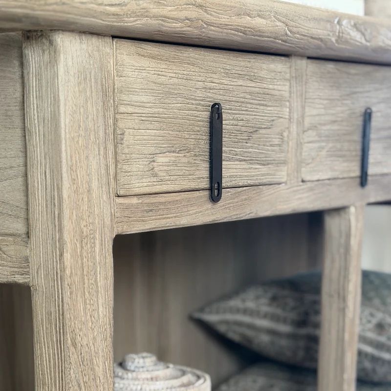 Reclaimed Elm 3 Drawer Solid Back Farmhouse Country Console Table Driftstone - 160cm - Image 5