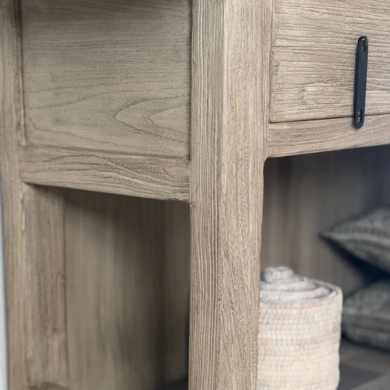 Reclaimed Elm 3 Drawer Solid Back Farmhouse Country Console Table Driftstone - 160cm - Image 6