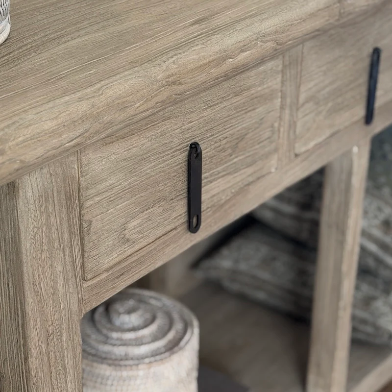 Reclaimed Elm 3 Drawer Solid Back Farmhouse Country Console Table Driftstone - 160cm - Image 8