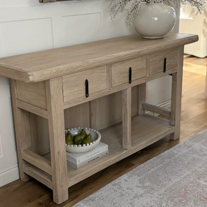 Reclaimed Elm 3 Drawer Solid Back Farmhouse Country Console Table Light - 160cm - Image 2