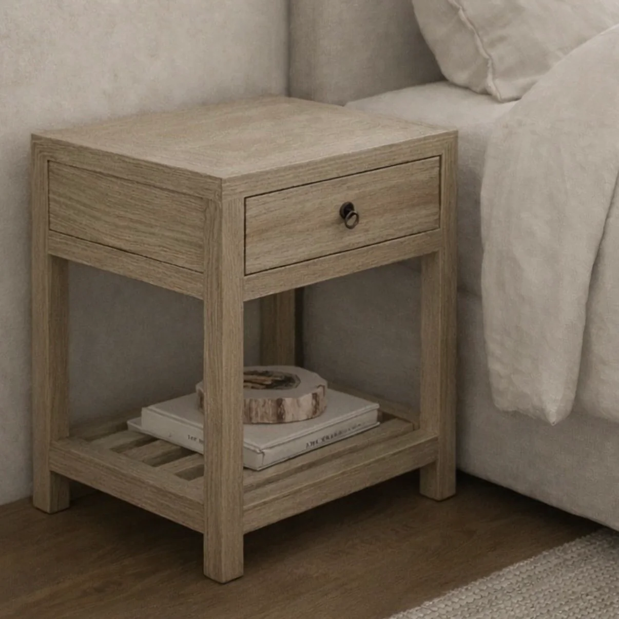 Reclaimed Elm Bedside Table Slatted Light - Image 2
