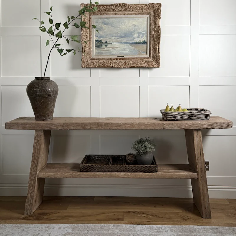 Reclaimed Elm Dark Console Table with Lower Shelf – Rustic Country Hallway Table 180cm