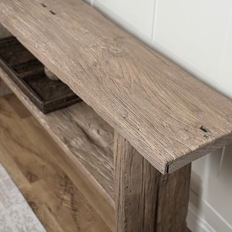 Reclaimed Elm Dark Console Table with Lower Shelf – Rustic Country Hallway Table 180cm - Image 7