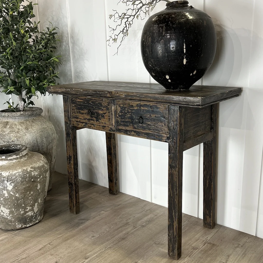 Reclaimed Oriental Style 2 Drawer Black Console Table