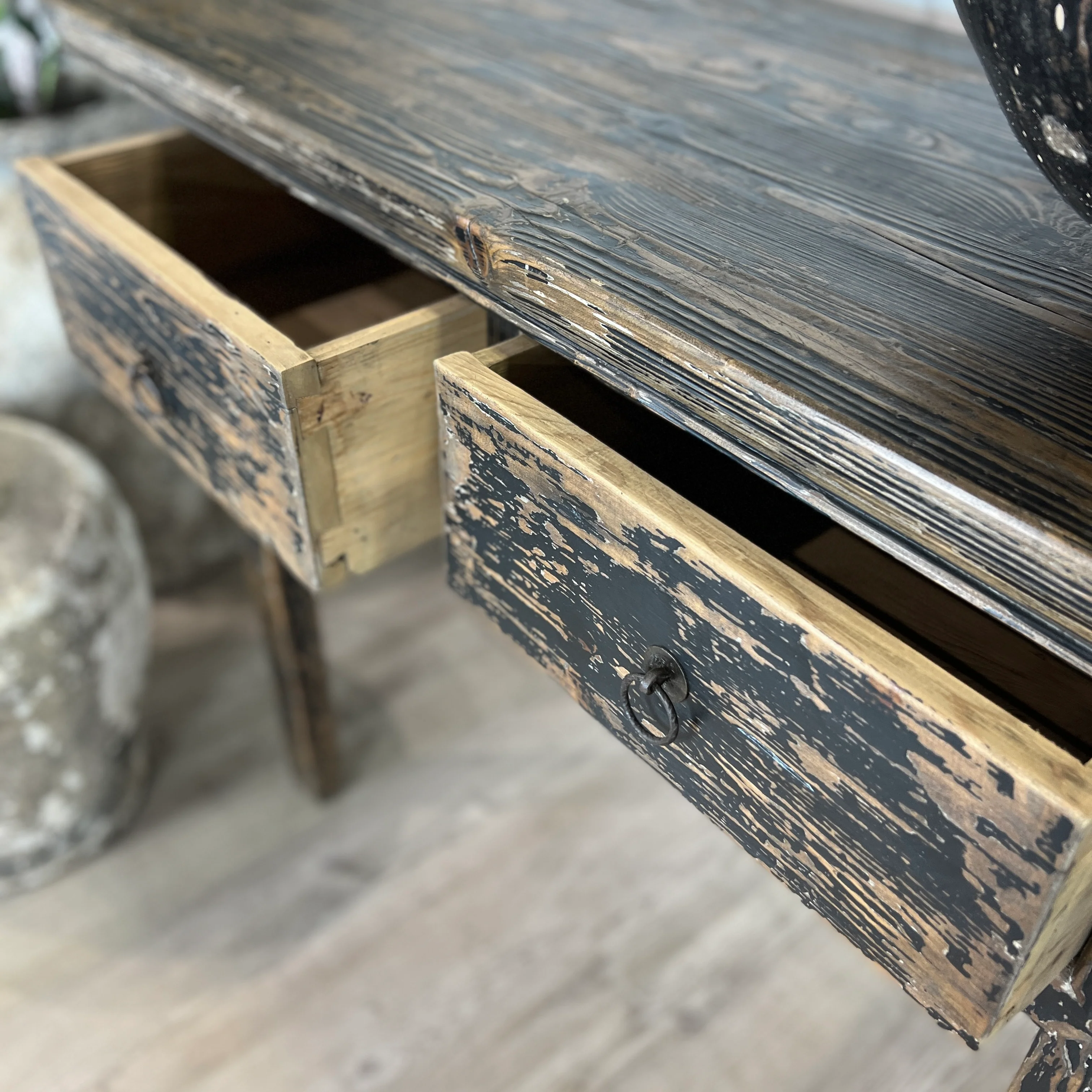 Reclaimed Oriental Style 2 Drawer Black Console Table - Image 4