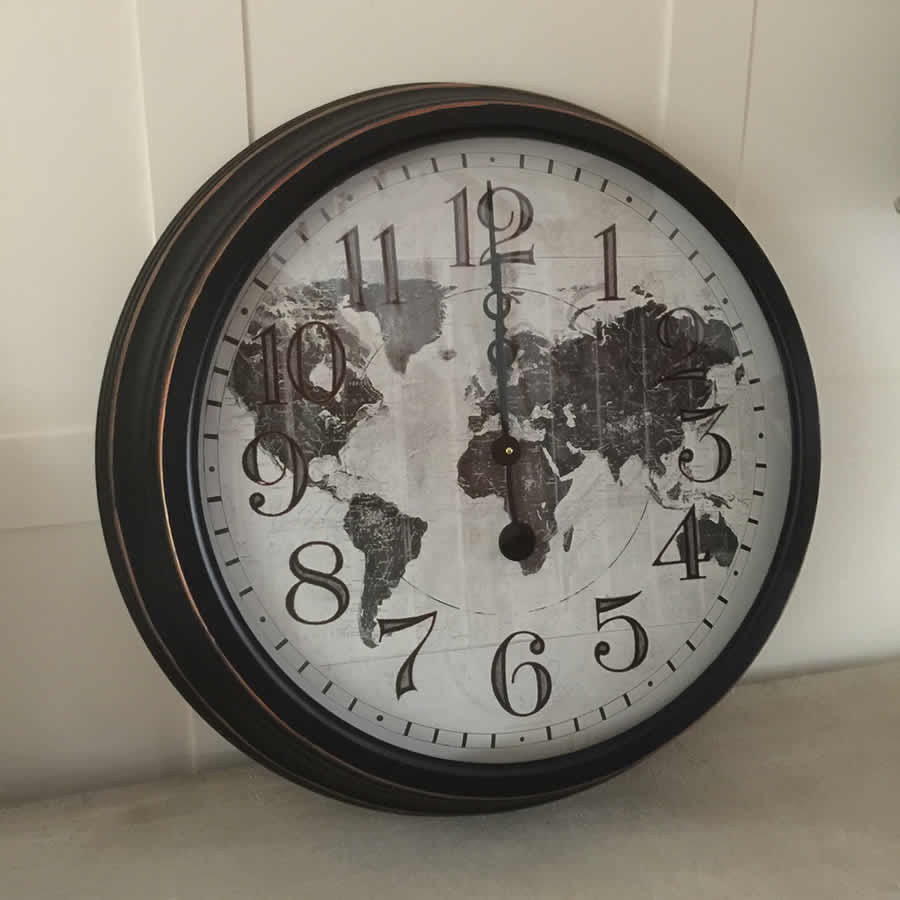 Round Distressed World Map Metal Wall Clock - English Electric Clock Company - Image 2