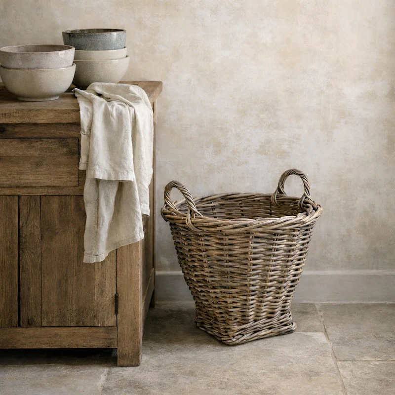 Round Woven Storage Basket with Ear Handles & Square Base – Rustic Rattan Utility Basket