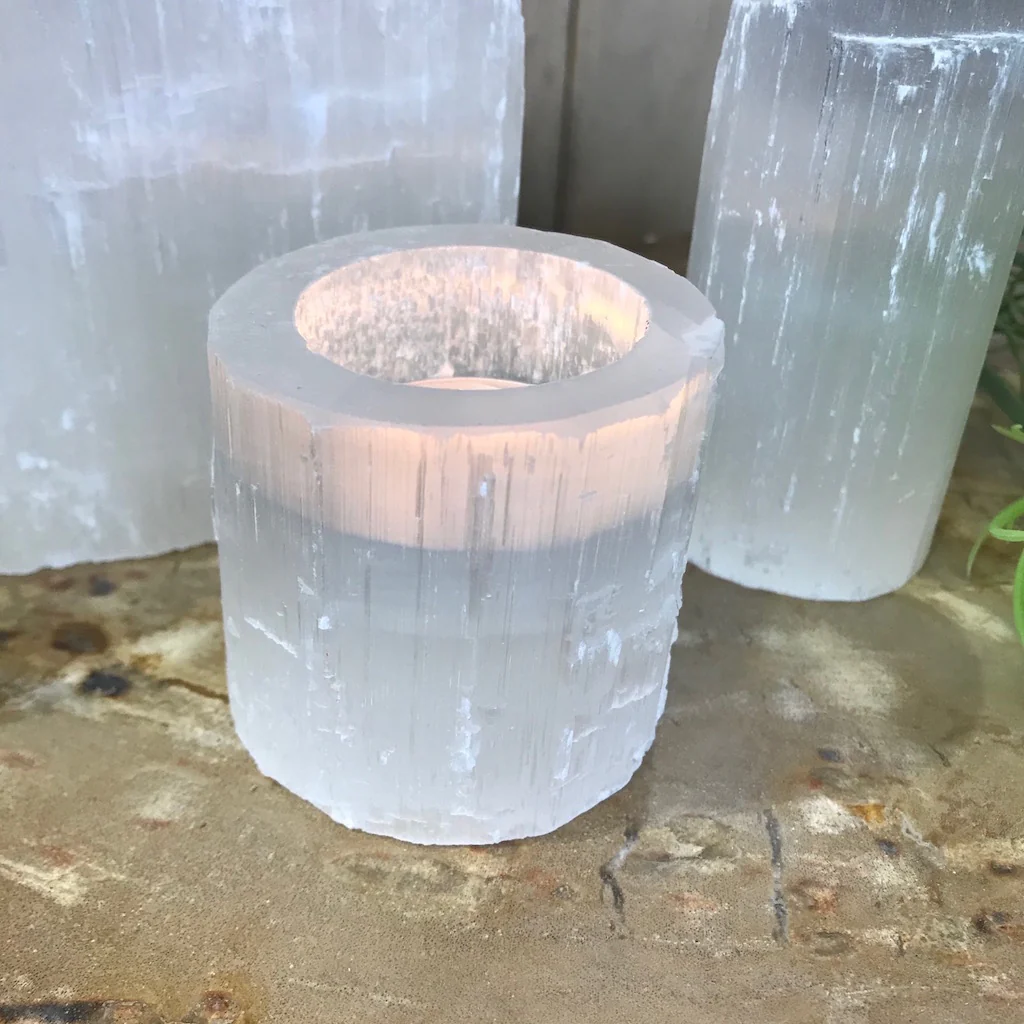 Selenite Sculpture Candle Holder and Obelisk - Image 3