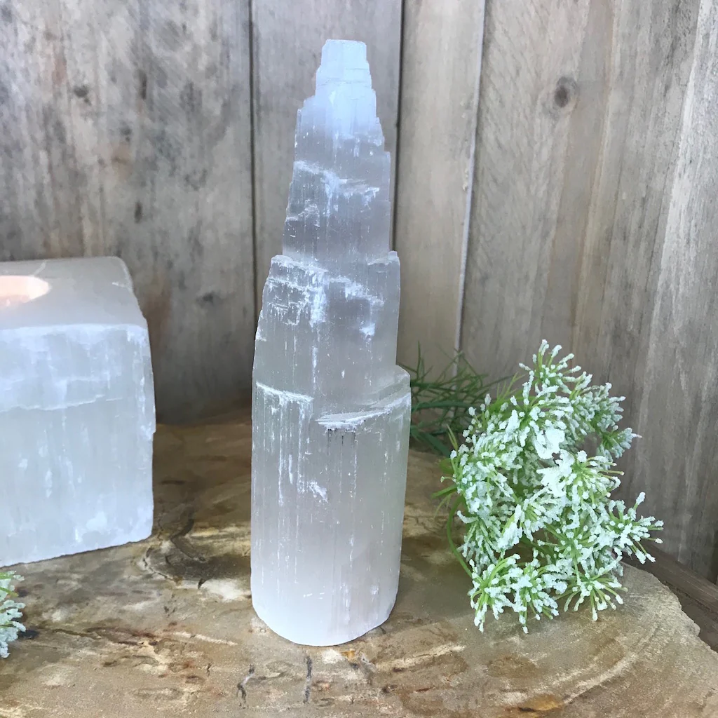 Selenite Sculpture Candle Holder and Obelisk - Image 4