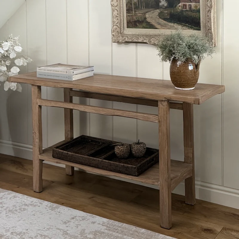 Simple Reclaimed Elm One Shelf Console Table Dark - Image 4