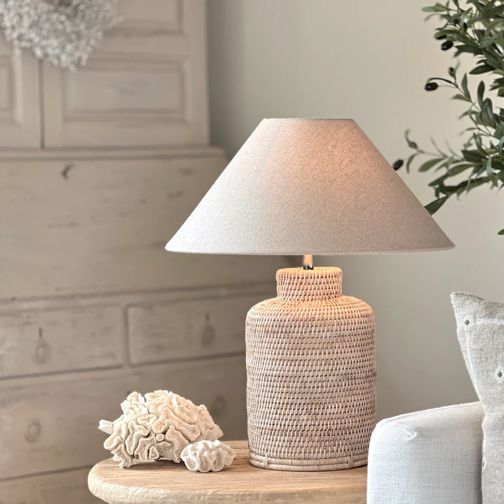 Slim Tea Caddy Whitewashed Rattan Table Lamp - Image 9