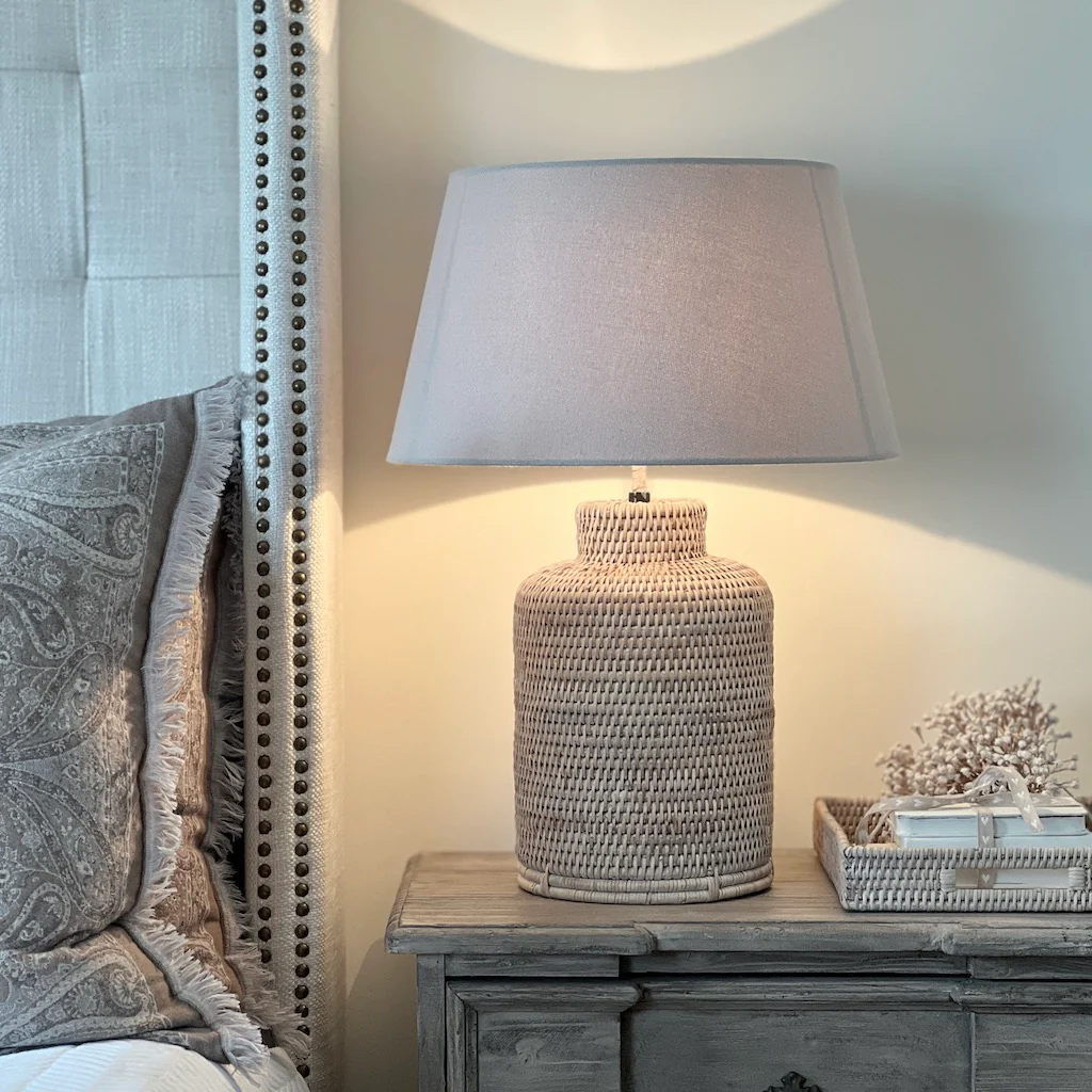 Slim Tea Caddy Whitewashed Rattan Table Lamp - Image 11