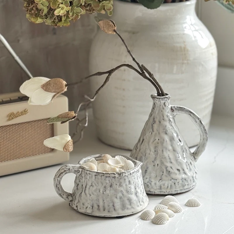 Small Distressed White Glazed Pot And Vase