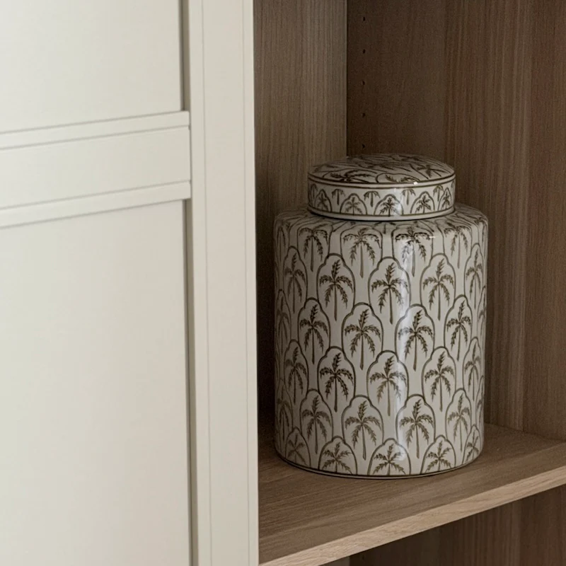 Small Palm Tree Lidded Jar – Decorative Ceramic Storage Canister - Image 3