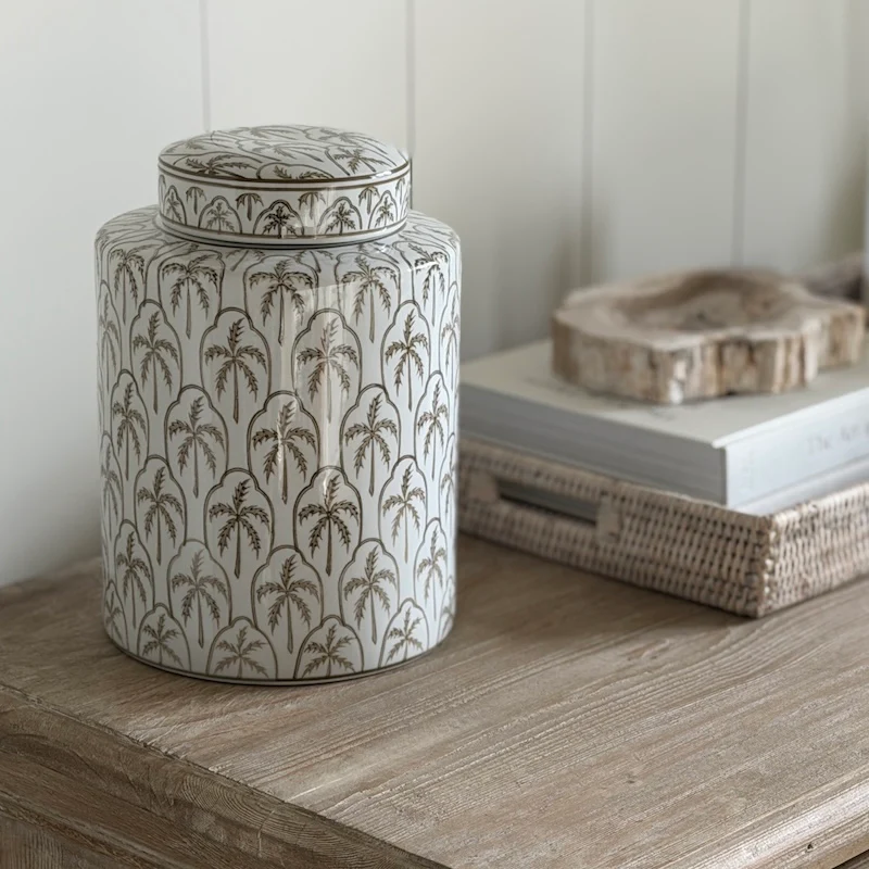 Small Palm Tree Lidded Jar – Decorative Ceramic Storage Canister - Image 4