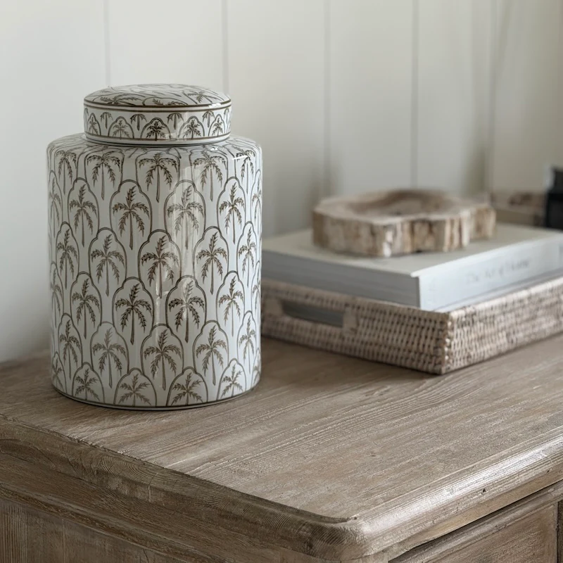 Small Palm Tree Lidded Jar – Decorative Ceramic Storage Canister - Image 8