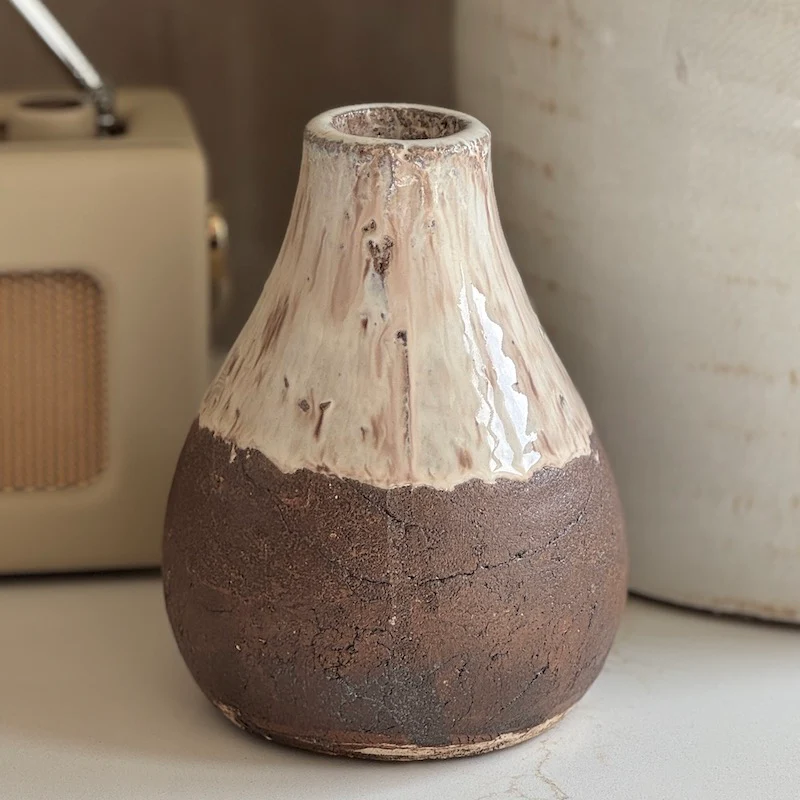 Small Rustic Cream and Brown Ceramic Vase - Image 3