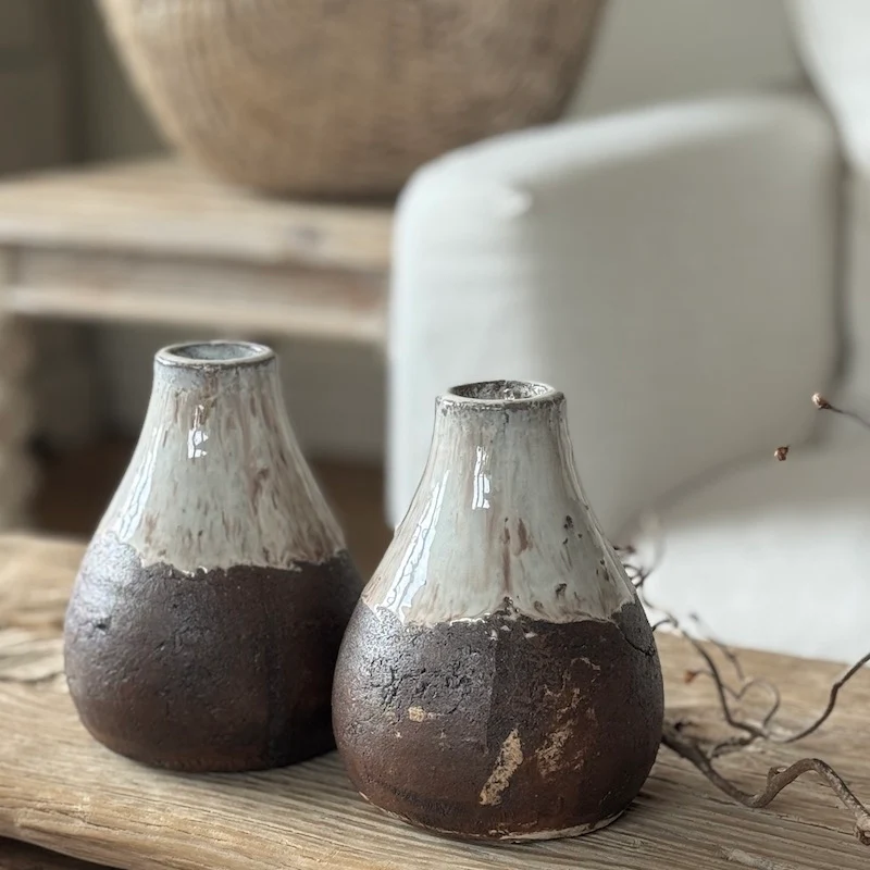 Small Rustic Cream and Brown Ceramic Vase - Image 4