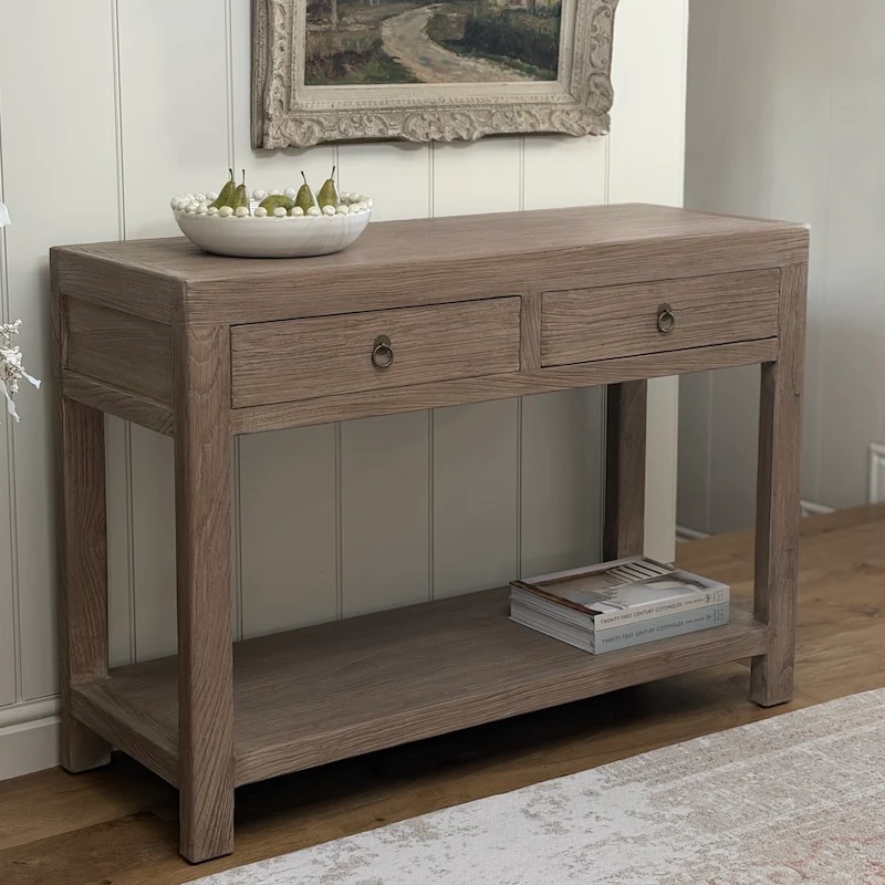 Small Two Drawer Console Table Reclaimed Elm Dark - Image 3