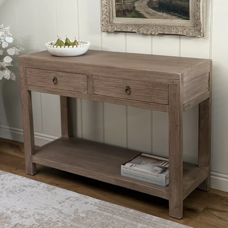 Small Two Drawer Console Table Reclaimed Elm Dark - Image 9