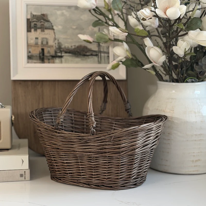 Stackable Wicker Basket with Hinged Handles