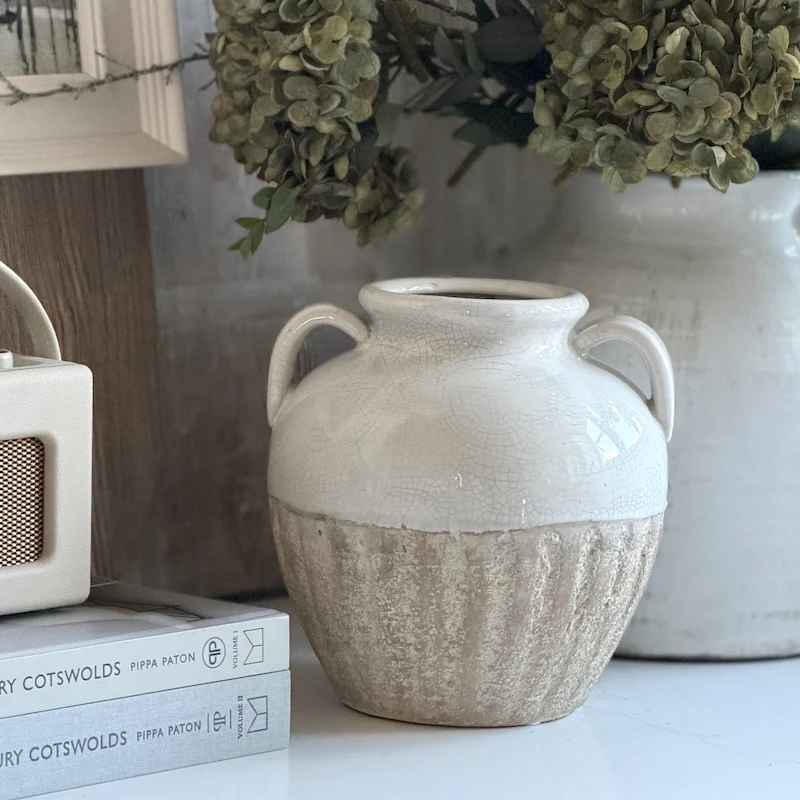 Two-Handled Ceramic Vase – Textured Neutral Glaze