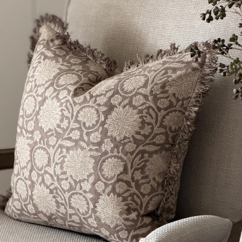 Vintage Look Botanical Linen Cushion with Frayed Edge - Image 3