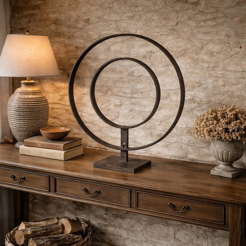 Vintage Metal Double Ring Sculpture on Stand