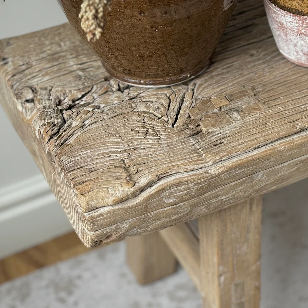 Vintage Reclaimed Elm Chinese 2 Seat Stool Small Coffee Table - Image 4