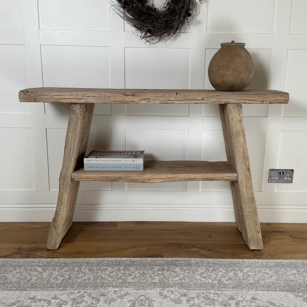 Vintage Reclaimed Elm Two Shelf Console Table 130cm - Image 2
