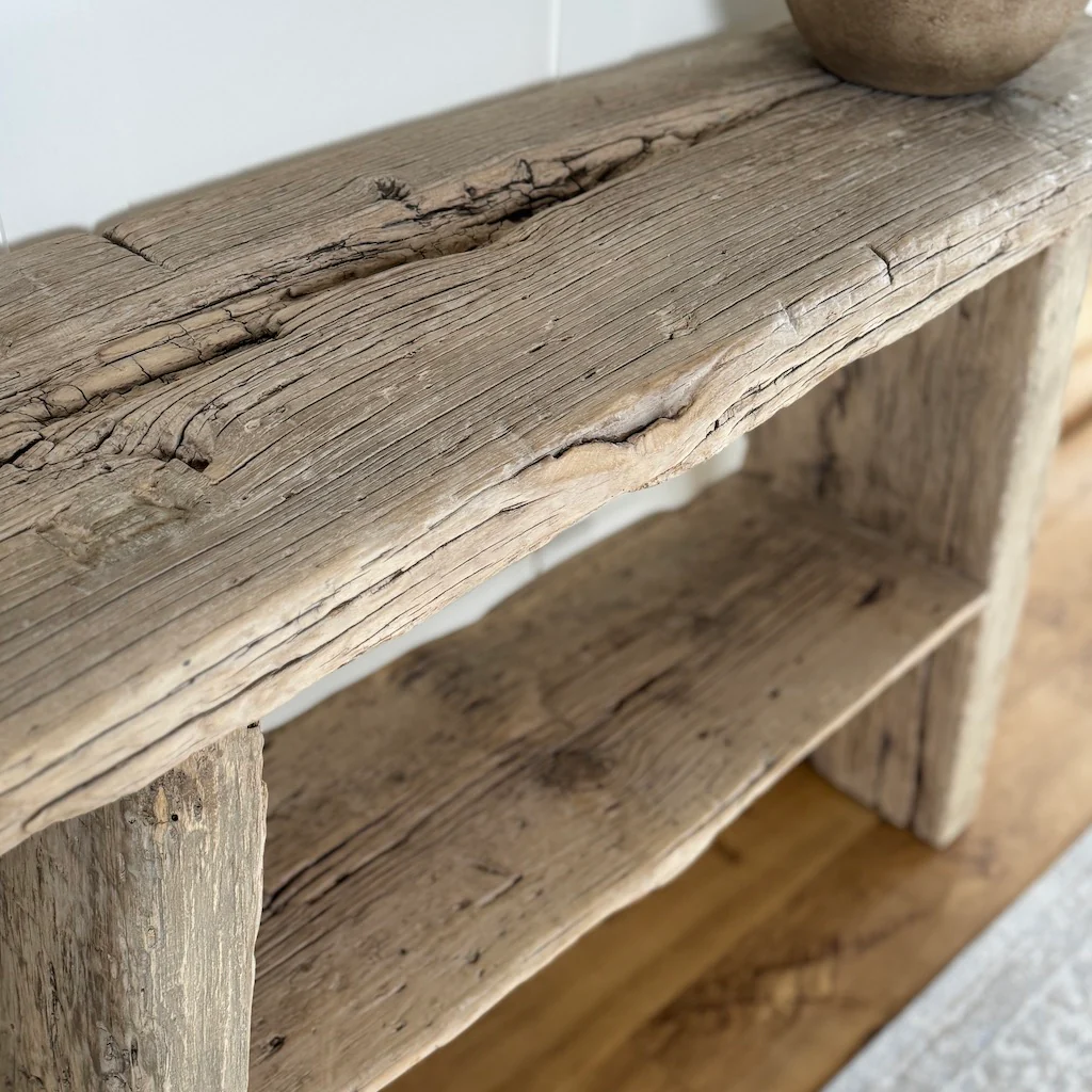 Vintage Reclaimed Elm Two Shelf Console Table 130cm - Image 4