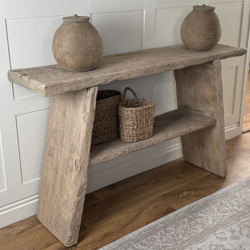 Vintage Reclaimed Elm Two Shelf Console Table 135cm - Image 8