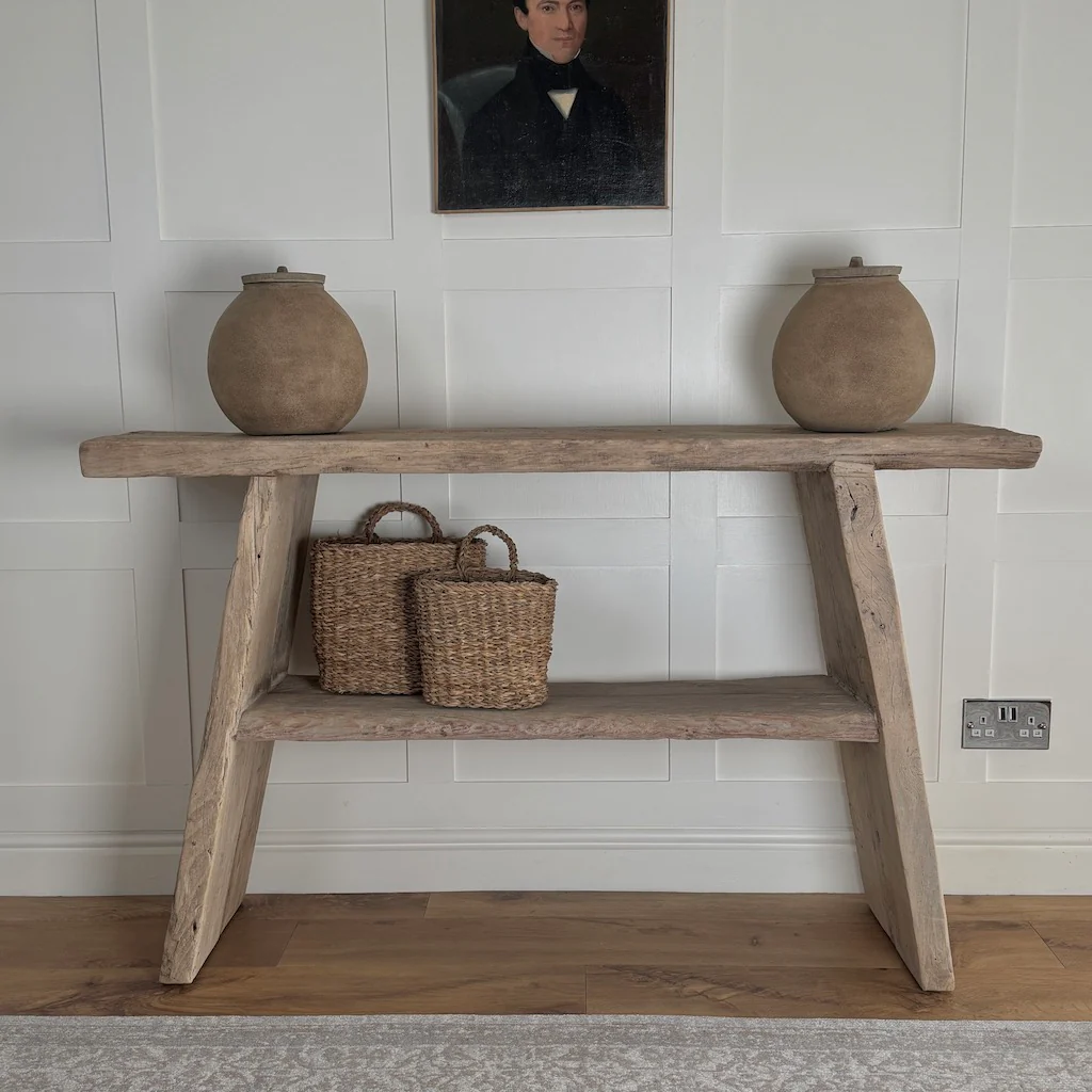 Vintage Reclaimed Elm Two Shelf Console Table 135cm - Image 9