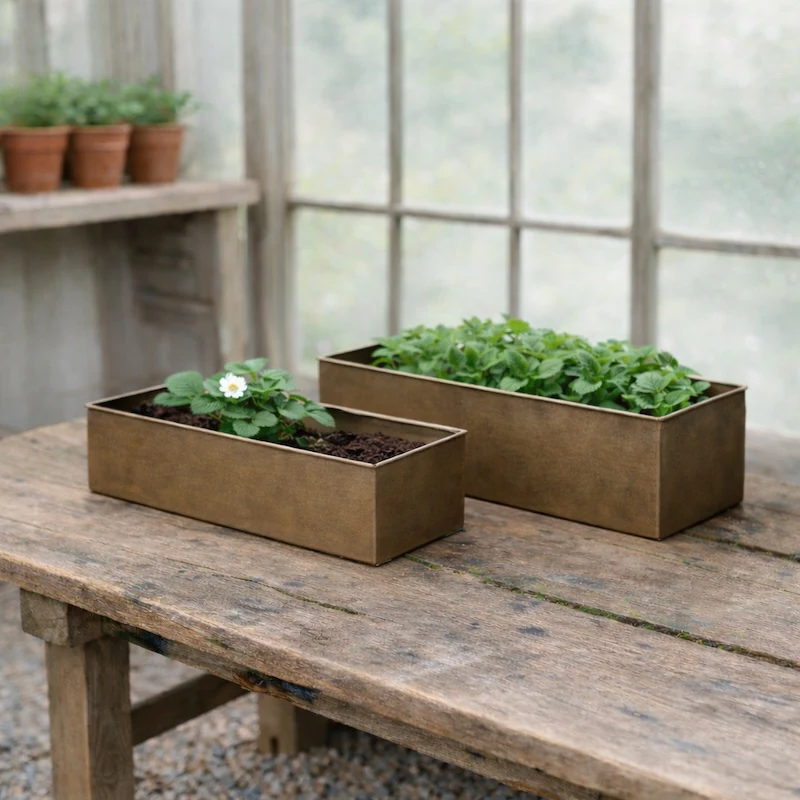 Vintage Style Rusted Metal Trough Planters - Set of Two