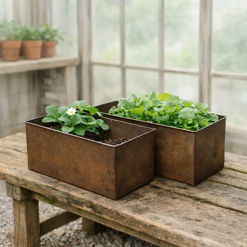 Vintage Style Rusted Metal Trough Planters - Two Sizes