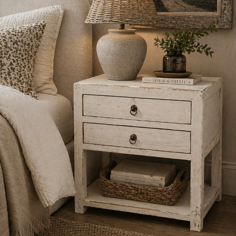 Weathered Off-White 2 Drawer Bedside Table with Open Shelf