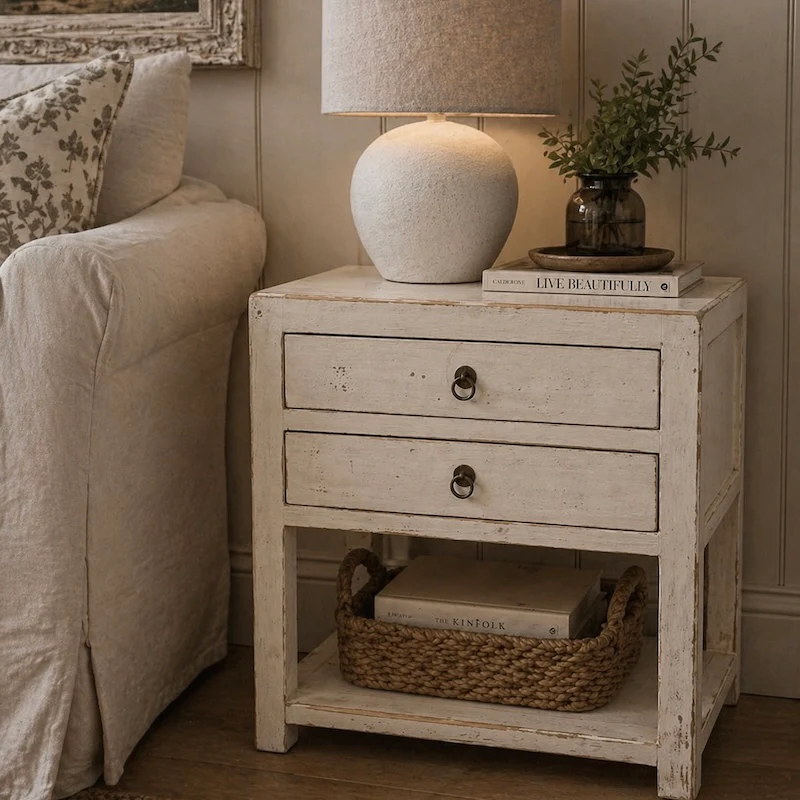 Weathered Off-White 2 Drawer Bedside Table with Open Shelf - Image 2