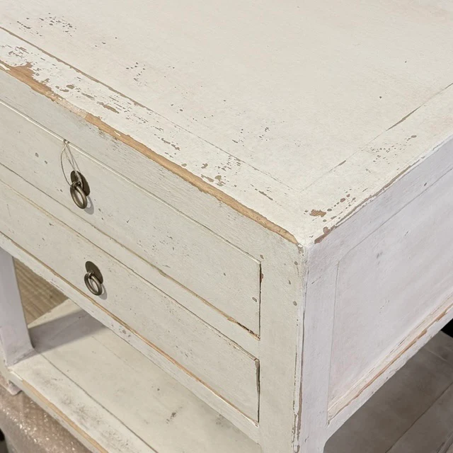 Weathered Off-White 2 Drawer Bedside Table with Open Shelf - Image 5