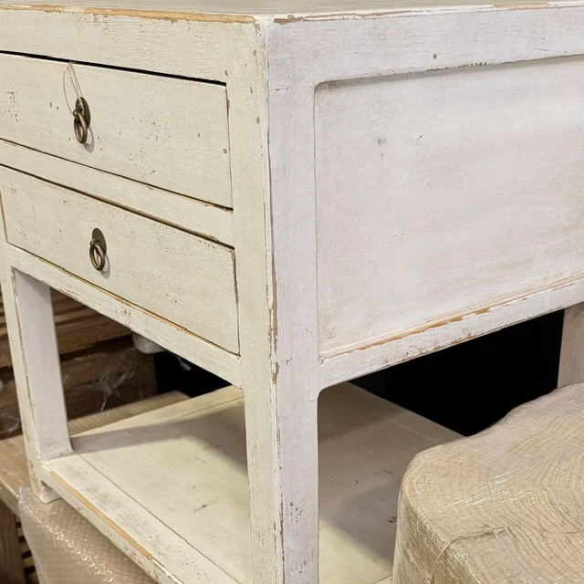 Weathered Off-White 2 Drawer Bedside Table with Open Shelf - Image 6
