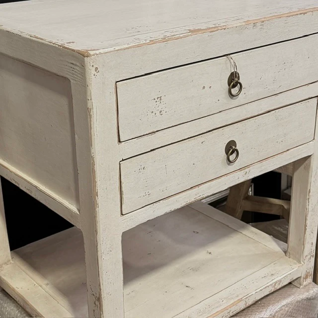 Weathered Off-White 2 Drawer Bedside Table with Open Shelf - Image 7